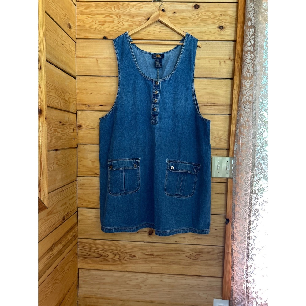 Vintage Denim Pinafore Jumper Dress Women 3X Blue Cargo Pocket Route 66 DressAll